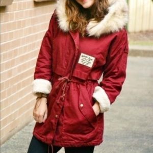 ‫Red parka Fur Hooded Zipper Fleece Inside